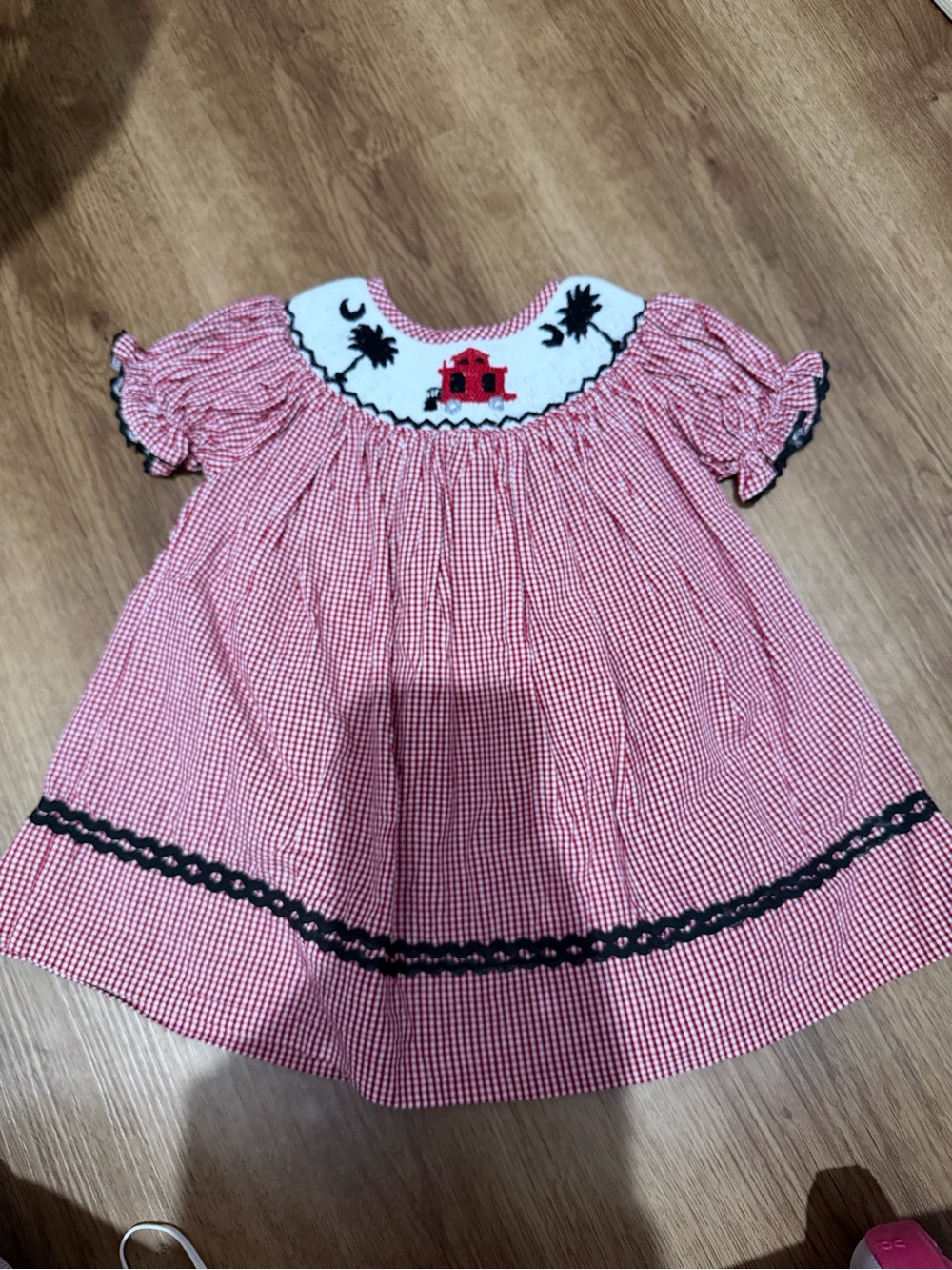 USC Gamecocks Red Gingham Smocked Baby Dress with Black Trim